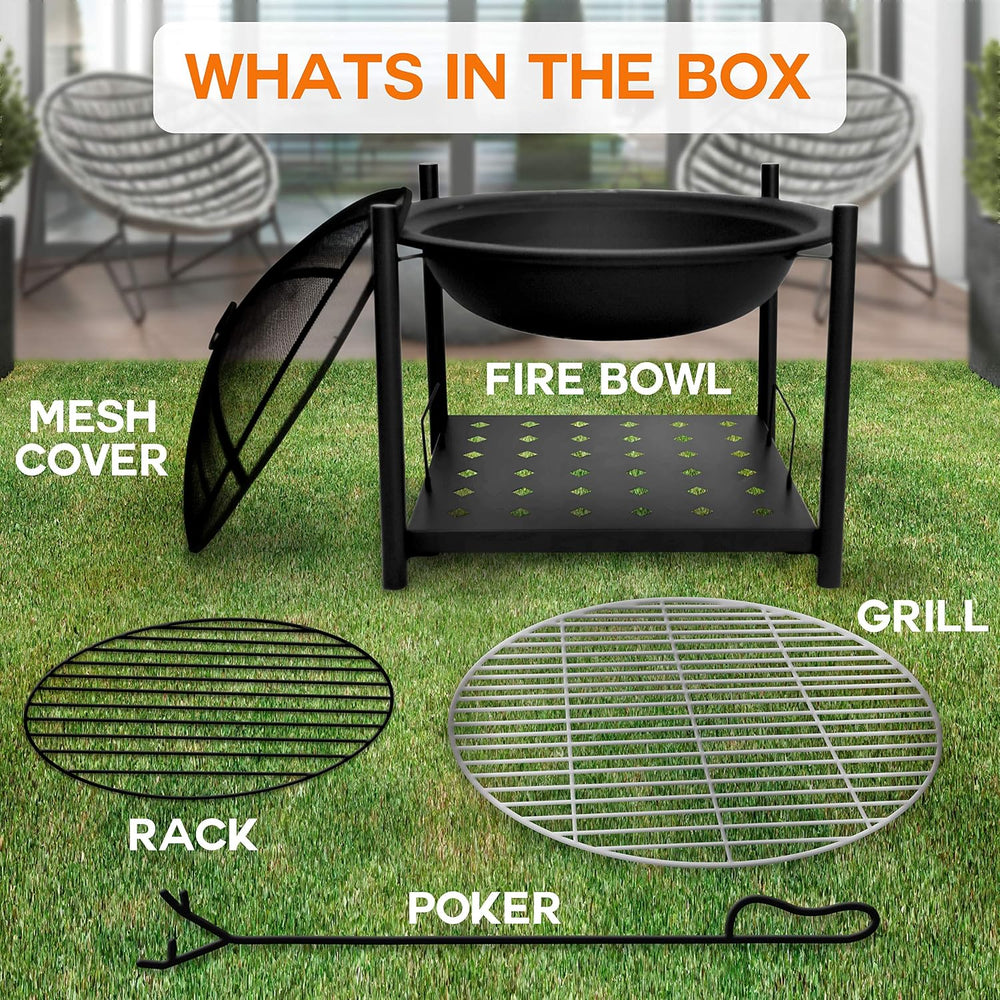 SereneLife Outdoor Wood Fire Pit - 26" Steel BBQ Grill with Mesh Spark S...