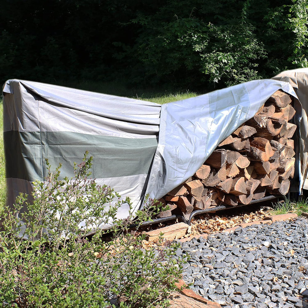 Sunnydaze 8-Foot Firewood Log Rack Cover, Gray with Green Stripe