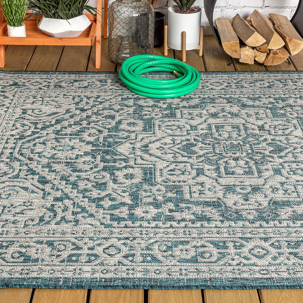 JONATHAN Y Medallion Weave Indoor Outdoor Area Rug 8X10 Teal Blue/Gray, Sinju...