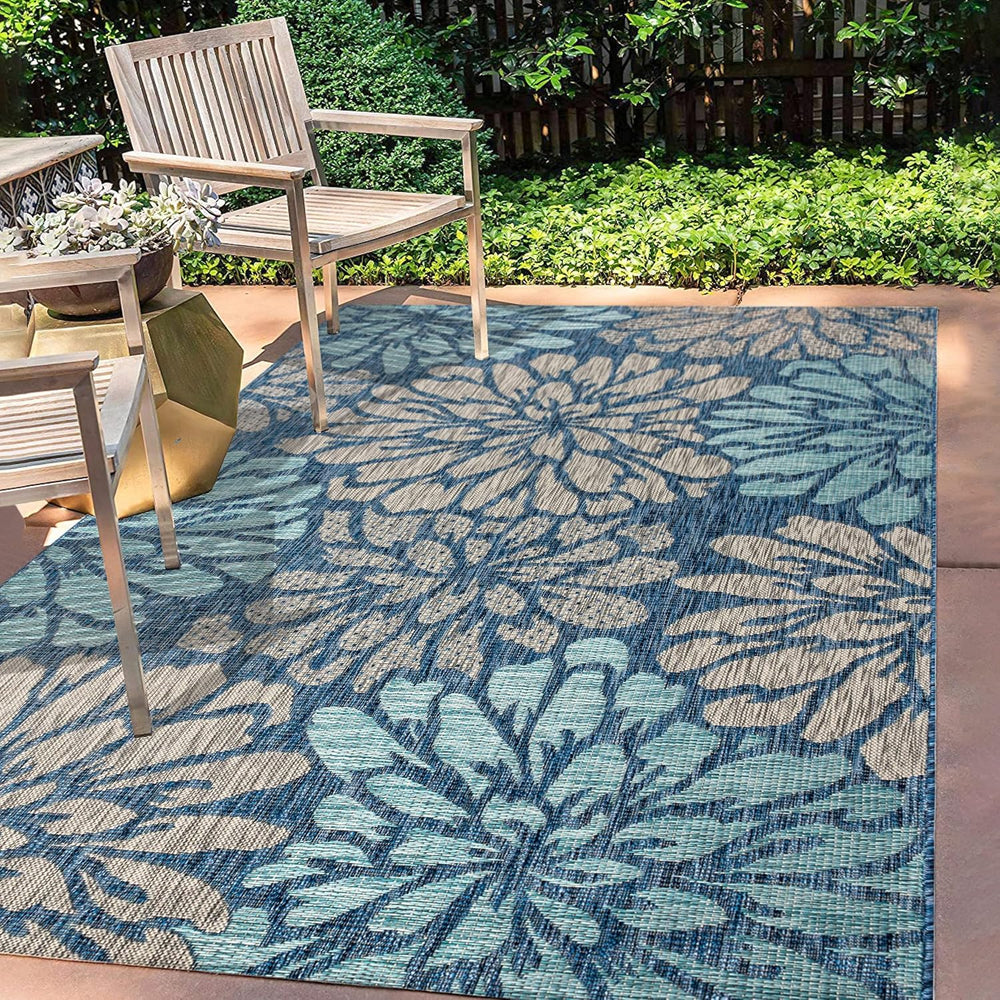 JONATHAN Y Floral Textured Weave Indoor Outdoor Area Rug 5X8 Navy/Aqua, Zinni...