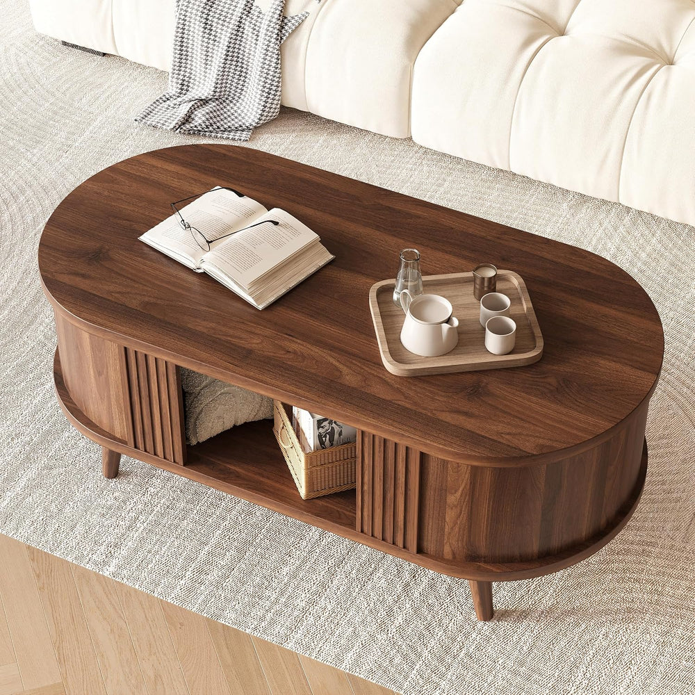 47.2" Oval Fluted Coffee Table with Storage, Fluted Mid-Century, Walnut