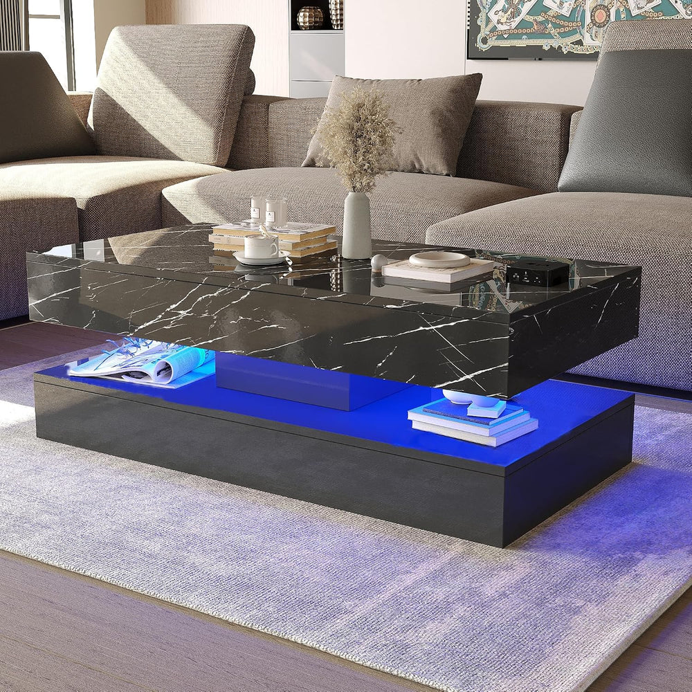 HOMFAMILIA LED Coffee Table with 2 Storage Drawers, Modern High Gloss Black C...