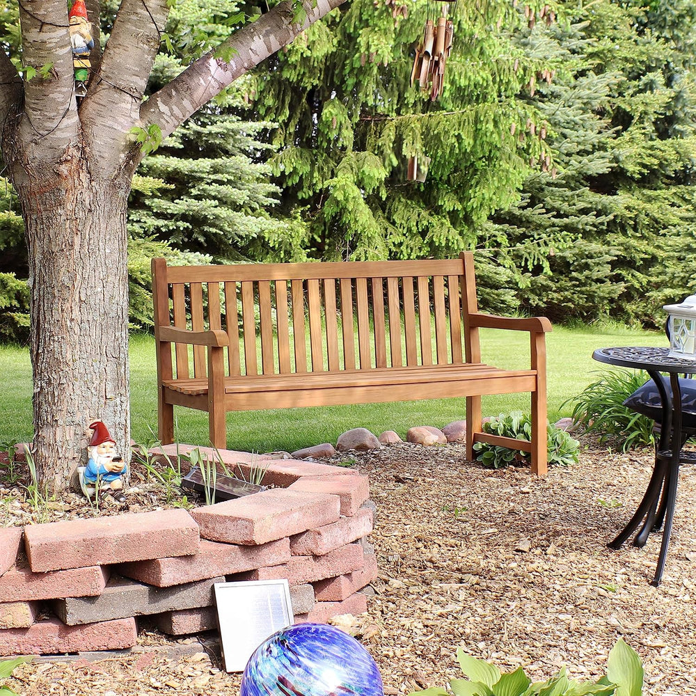Sunnydaze Wooden Outdoor Teak Bench with Backrest, 59” W, Light Brown