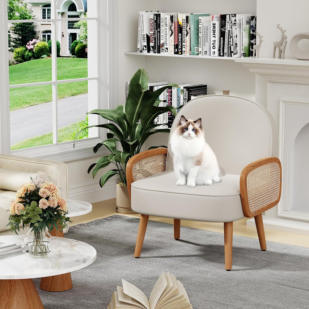 Aklaus Mid Century Modern Accent Chair Armchair with Rattan Arms Upholstered ...