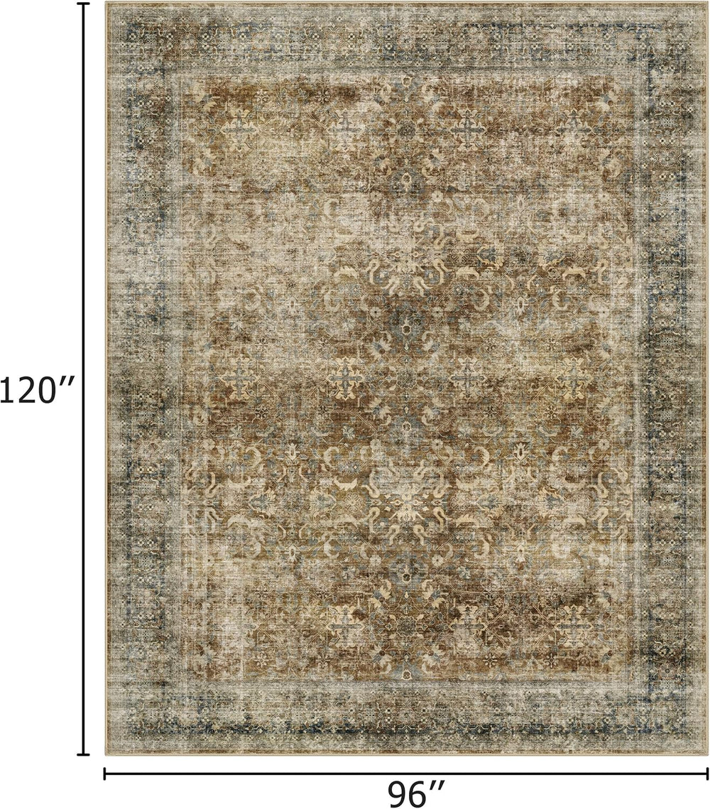 8x10 Brown Area Rug for Living Room Bedroom, Washable Vintage Neutral Rug, No...