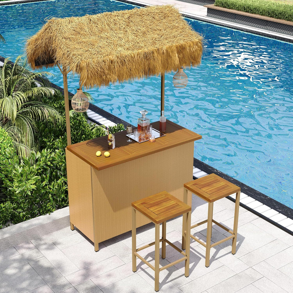 LUMISOL 3pcs Outdoor Bar Set, Hawaiian Style Bar Height Patio Set with PE Gra...