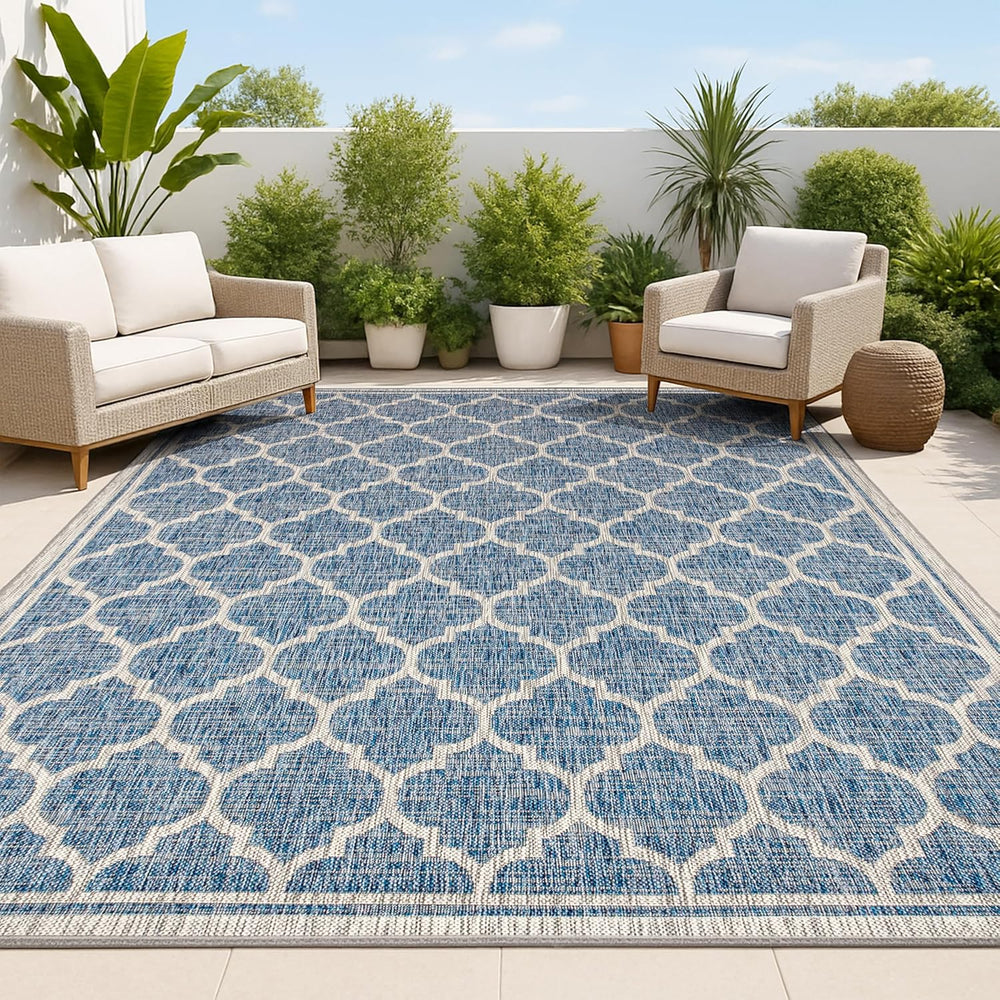 JONATHAN Y Moroccan Trellis Indoor Outdoor Area Rug 8X10 Navy/Gray, Trebol Te...