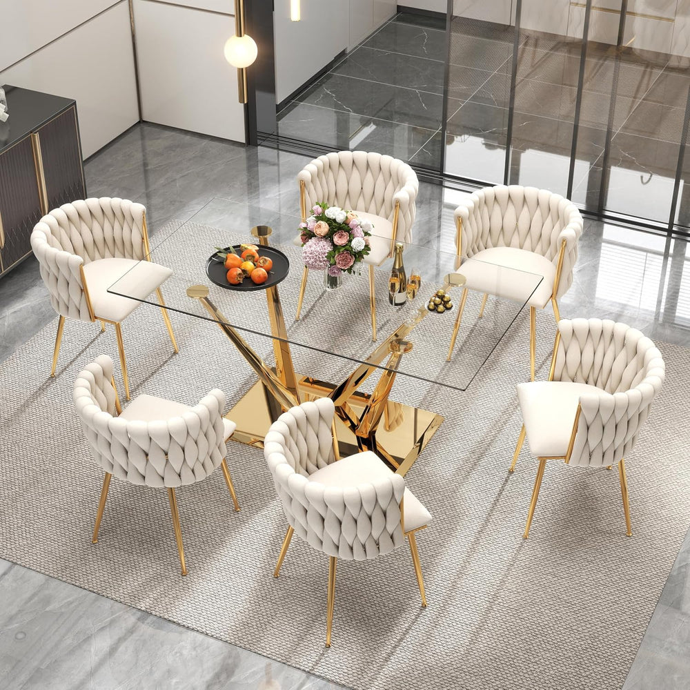Modern Glass Dining Table Set for 6, 63'' Rectangular Tempered Tablet...