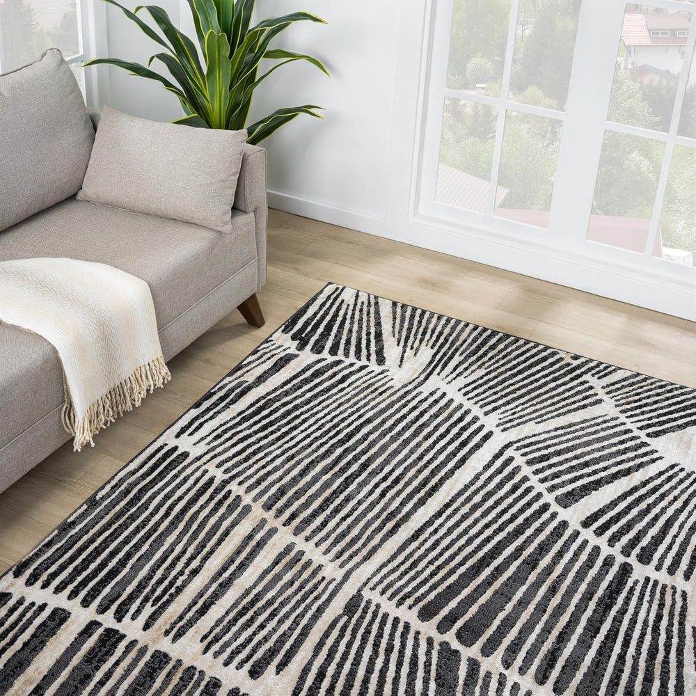 Beige Black Linear Wave Contemporary Area Rug – 5' x 8' – Modern Arti...