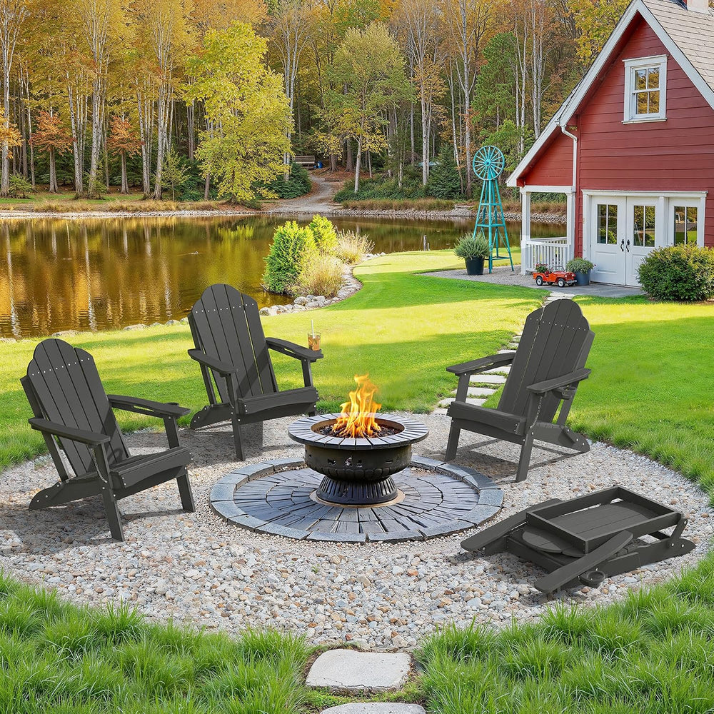 LUE BONA HDPE Folding Adirondack Chair, Cup Holder, Set of 4, Black