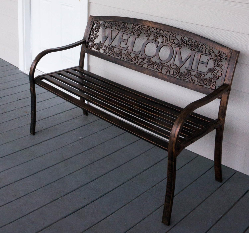 Leigh Country Metal Outdoor Bench, Welcome Design, Decorative Patio Seating f...