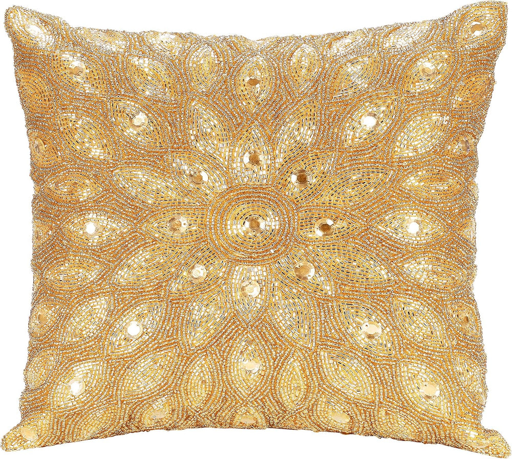 Lightnpro Gold Hand-Beaded Pillow Cover - 12x12 Inch, Handmade by Skilled Art...
