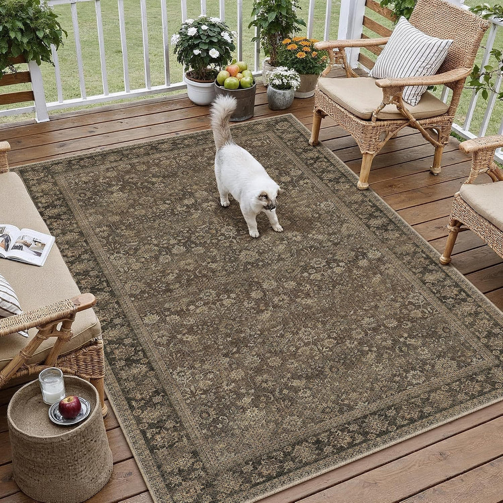 HUGEAR 5x7 Brown Linen Look Washable Area Rug for Living Room