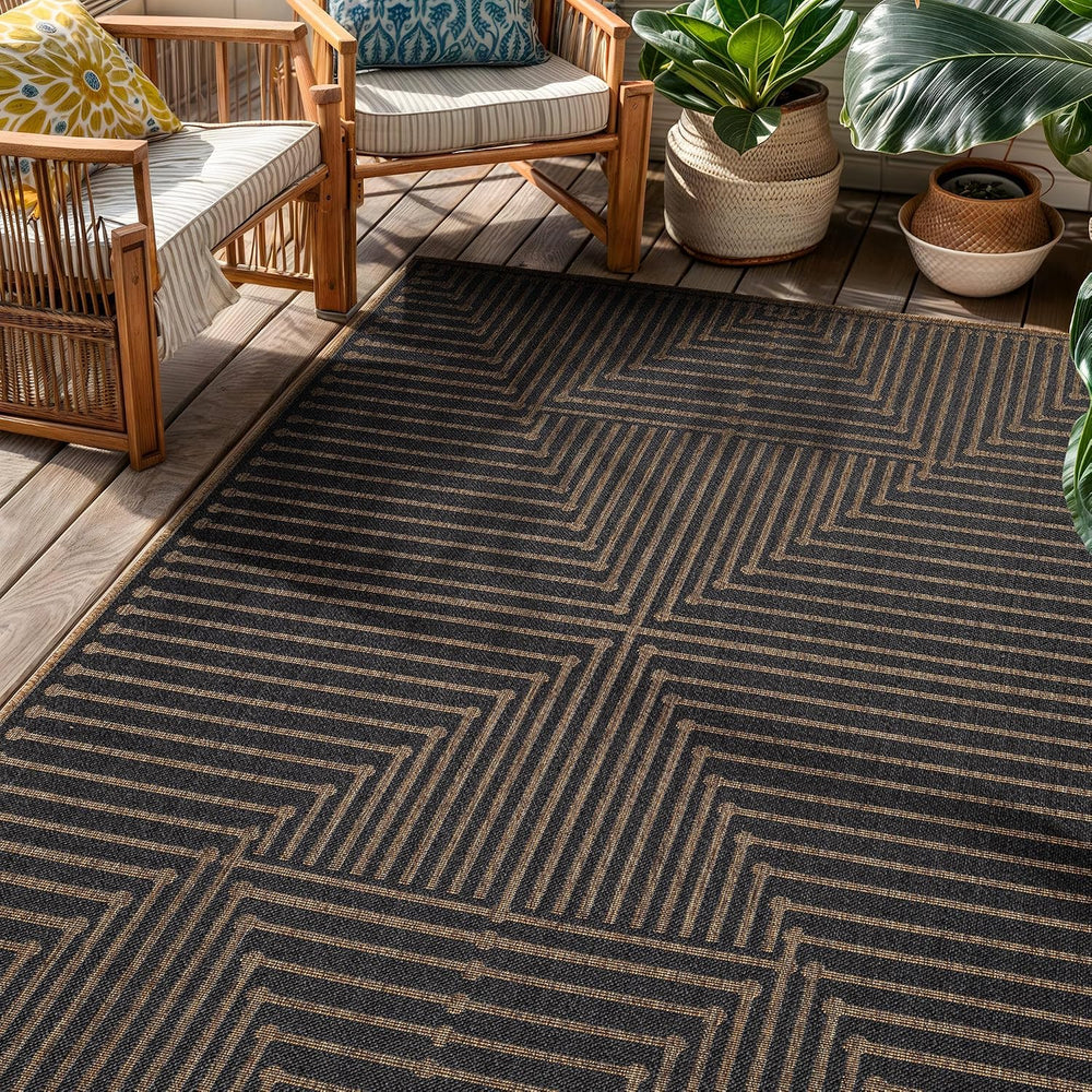 Rugshop Modern Geometric Lines Indoor Outdoor Rug Dark Gray/Natural 4' x ...