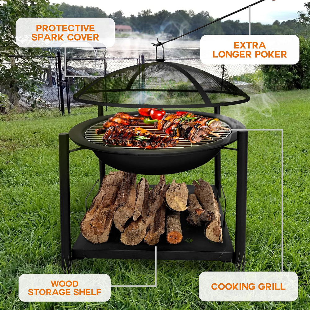 SereneLife Outdoor Wood Fire Pit - 26" Steel BBQ Grill with Mesh Spark S...