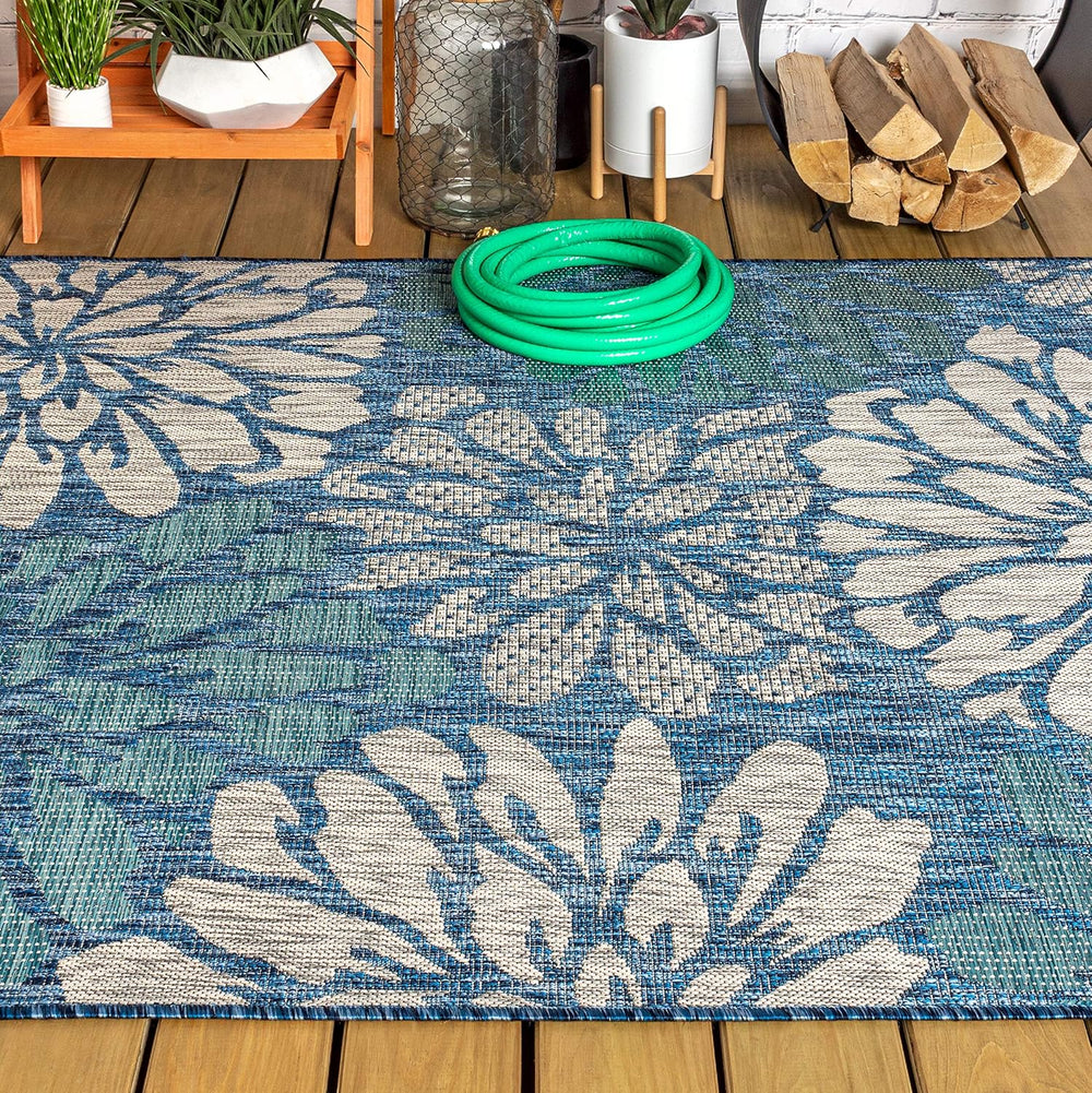 JONATHAN Y Floral Textured Weave Indoor Outdoor Area Rug 5X8 Navy/Aqua, Zinni...
