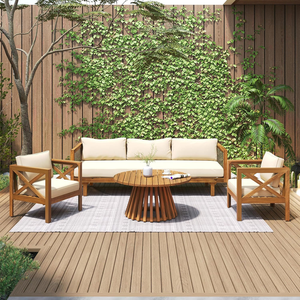 Merax Outdoor 4-Piece Acacia Wood Conversation Set - Patio 3-Seat Loveseat So...