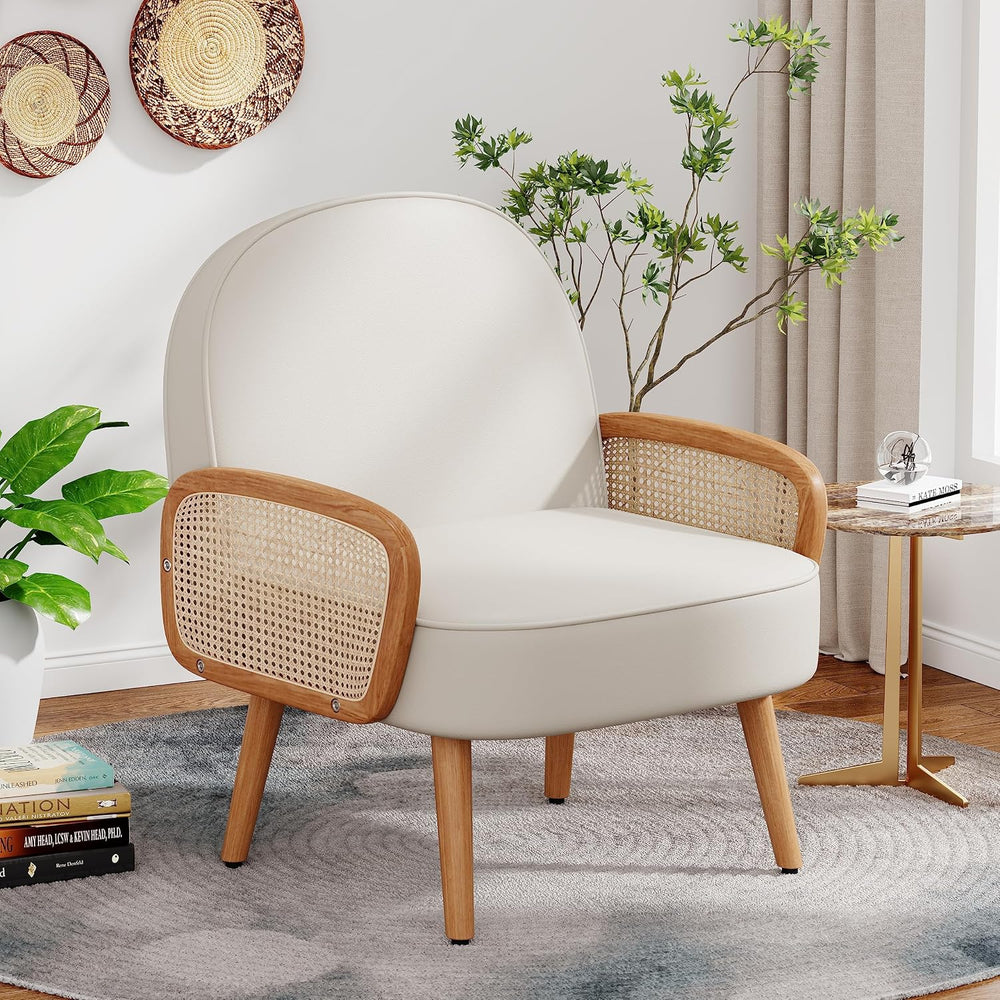 Aklaus Mid Century Modern Accent Chair Armchair with Rattan Arms Upholstered ...