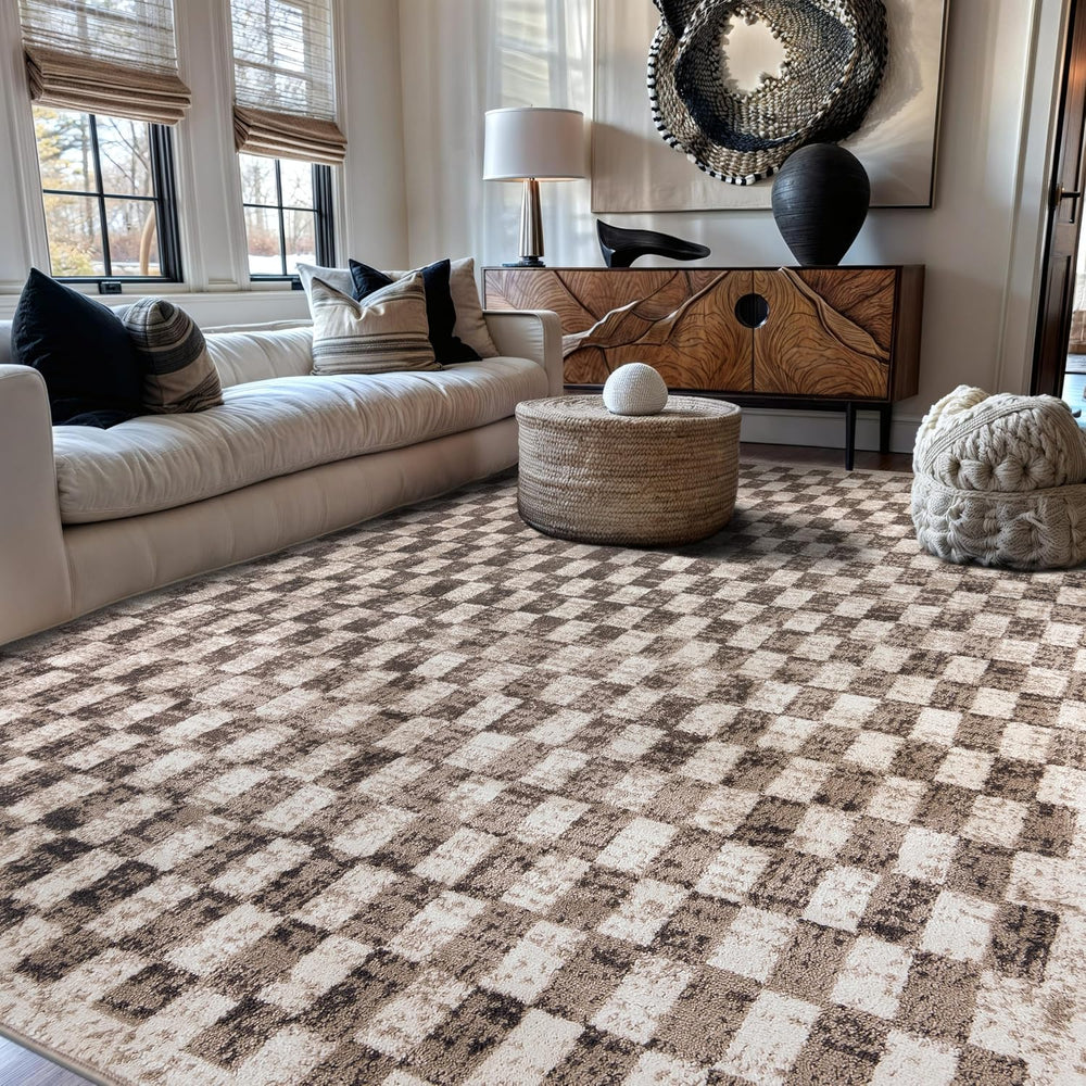 Rugshop Contemporary Checkered Grid Textured Area Rug Beige 7' 10" x...