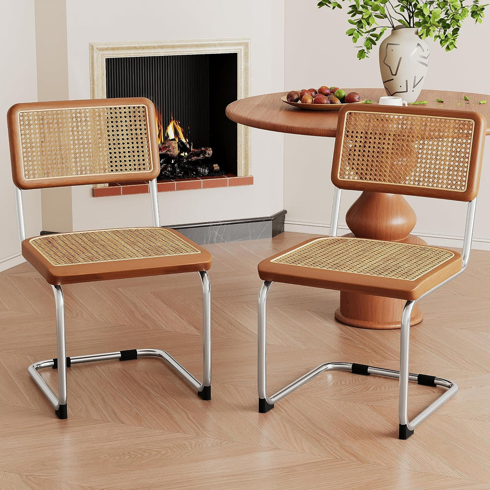 Alunaune Modern Mid Century Dining Chairs Set of 2, Upholstered Natural Ratta...