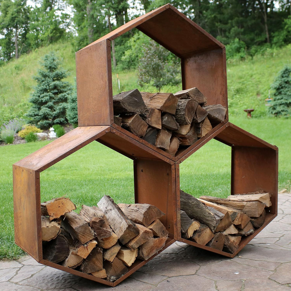 Sunnydaze Steel Outdoor Firewood Rack, 30” W, Hexagon, Bronze, Set of 3