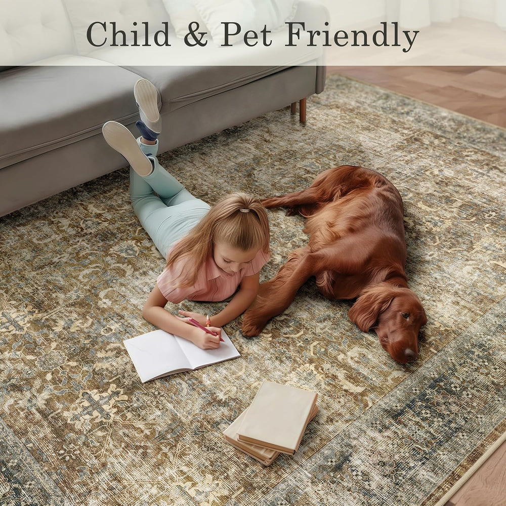 8x10 Brown Area Rug for Living Room Bedroom, Washable Vintage Neutral Rug, No...