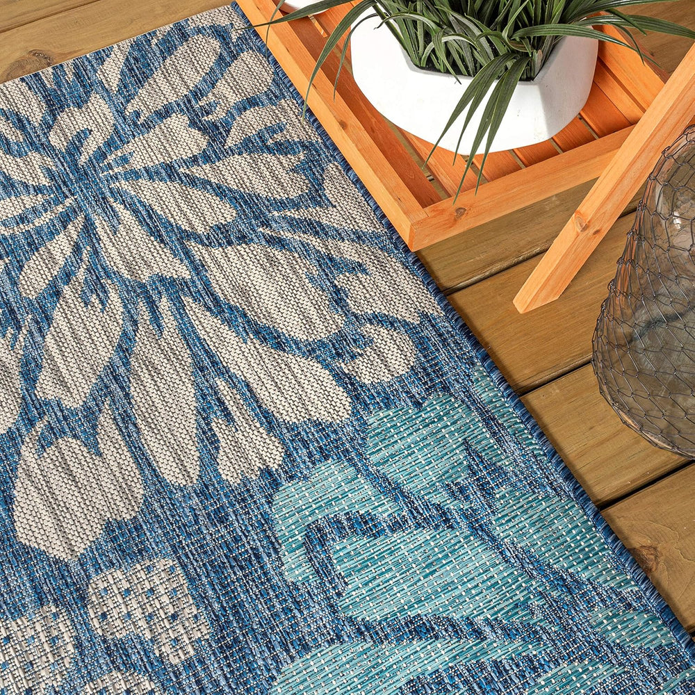 JONATHAN Y Floral Textured Weave Indoor Outdoor Area Rug 5X8 Navy/Aqua, Zinni...