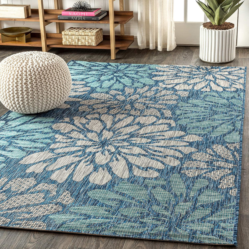 JONATHAN Y Floral Textured Weave Indoor Outdoor Area Rug 5X8 Navy/Aqua, Zinni...
