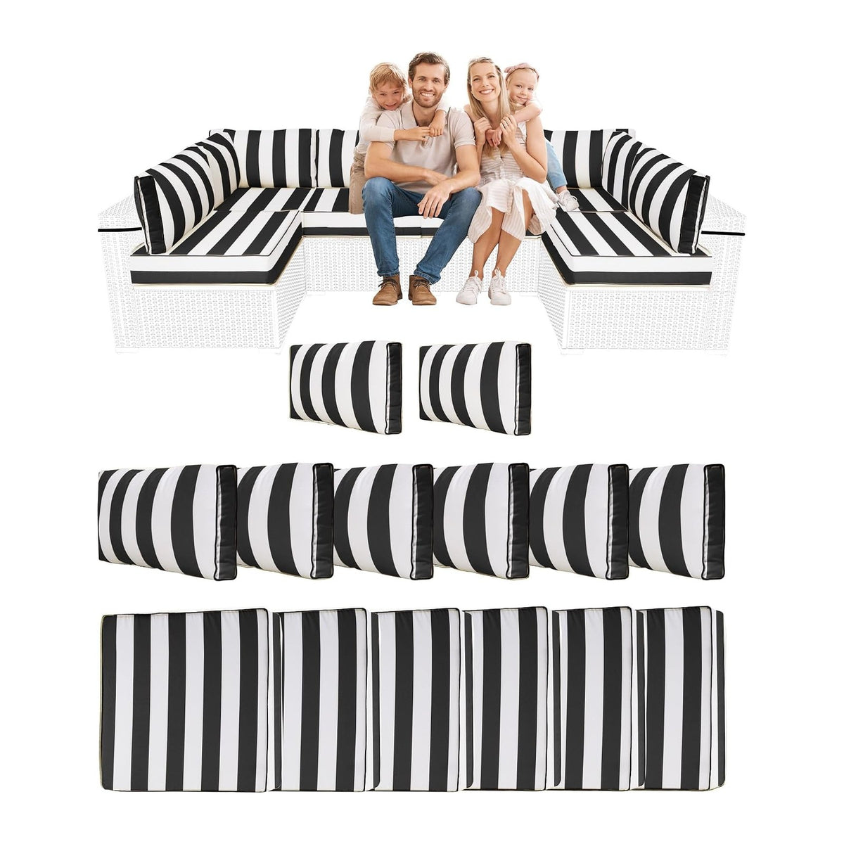 14 Piece Outdoor Sectional Cushions, Water-Resistant Outdoor Sofa Cushions Replacement, 4" High Density Foam Patio Furniture Cushions Fits 6-seat Rattan Conversation Set (Black White Stripes)