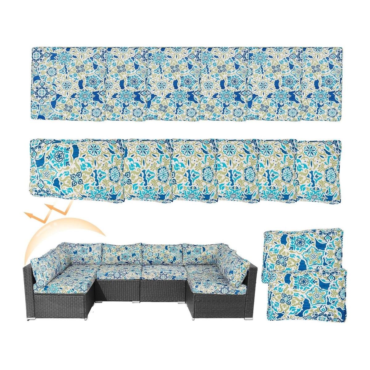 14 Piece Patio Cushion Covers Replacement Splashproof Fade Resistant Outdoor Sofa Slipcovers with Zippers for Deck & Porch Furniture (Moroccan Pattern,23.6x23.6x3.94 Inches)