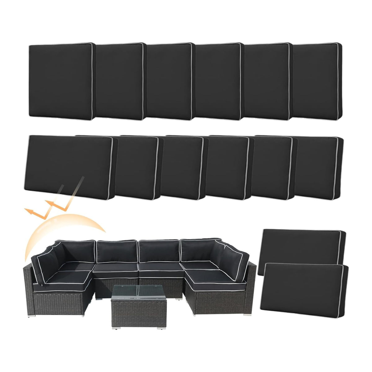 14 Piece Patio Cushion Covers Replacement Splashproof Fade Resistant Outdoor Sofa Slipcovers with Zippers for Sectional, Chair Deck Porch Furniture Protector (Black White,23.6x23.6x3.94 Inches)