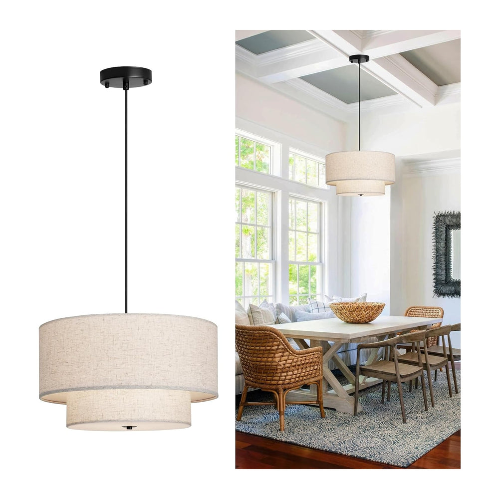 18" Modern Double Drum Fabric Pendant Light, Large Hanging Ceiling Chand...