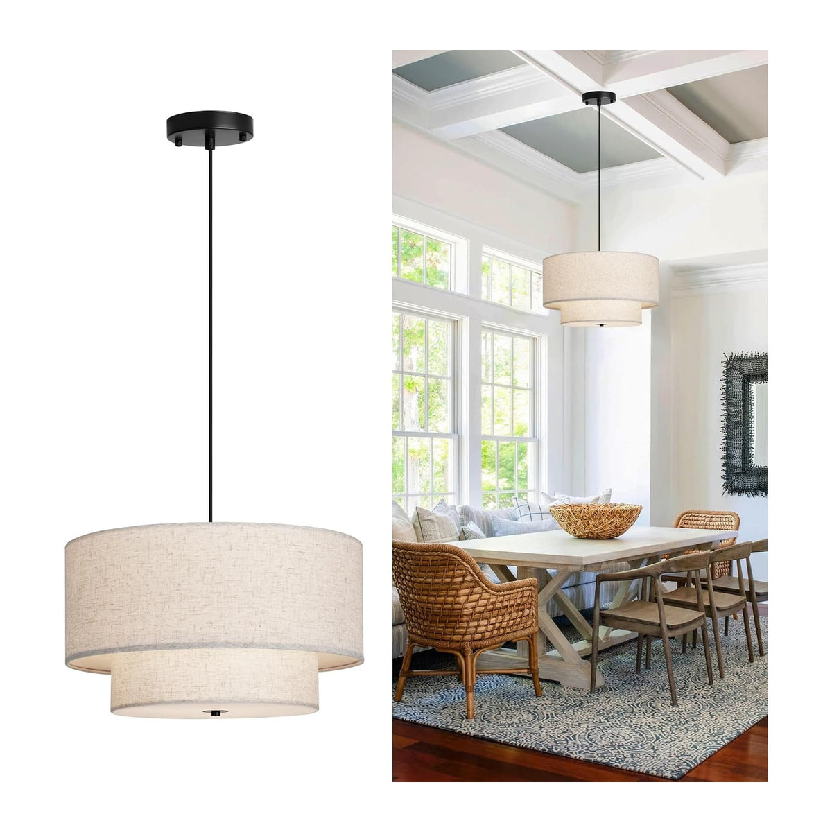 18" Modern Double Drum Fabric Pendant Light, Large Hanging Ceiling Chandelier Fixture with Dual Layer Fabric Shade, Ideal for Dining Room, Living Room, Bedroom, and Kitchen