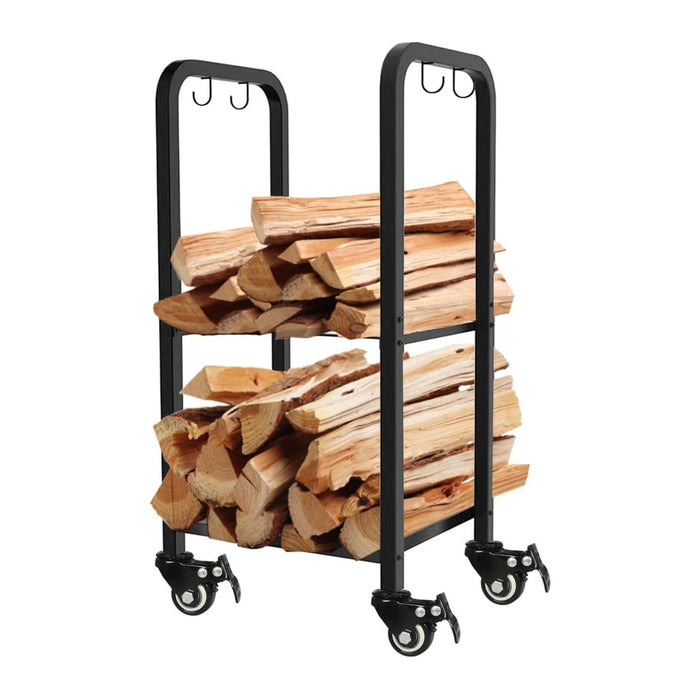 2-Tier Fireplace Firewood Rack Holder for Indoor Outdoor, Small Fire Wood Holder Log Storage Stacker Stand for Patio, Black(With Wheels)