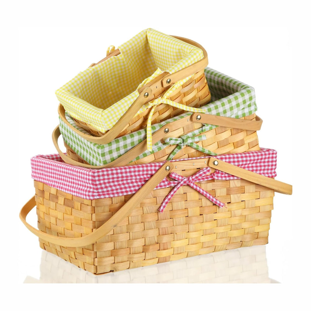 3 Pcs Different Sizes Picnic Basket with Handles Spring Plaid Gingham Checker...