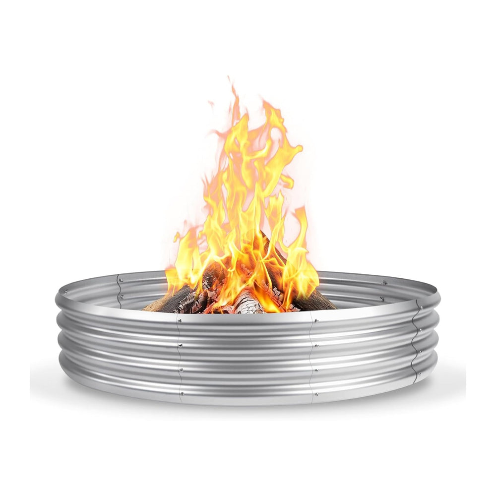 60 Inch Outdoor Fire Pit Ring, Wood Burning Large Metal Fireplace, Silver