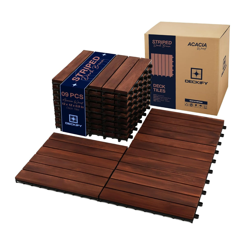 9-Piece Acacia Wood Interlocking Deck Tiles, Dark Brown Striped