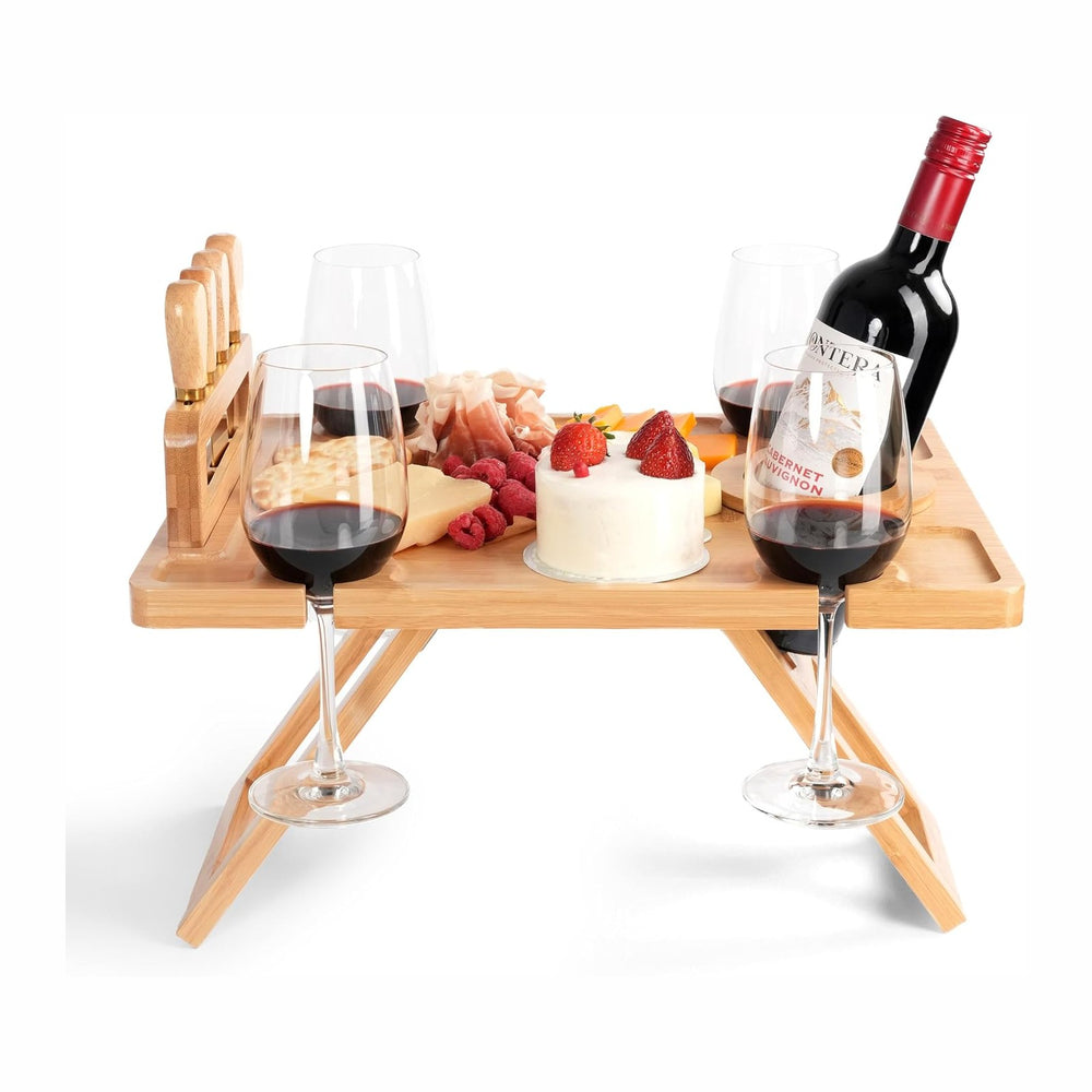 Charcuterie Picnic Table with Wine Glass Holder, Portable Wine & Cheese B...