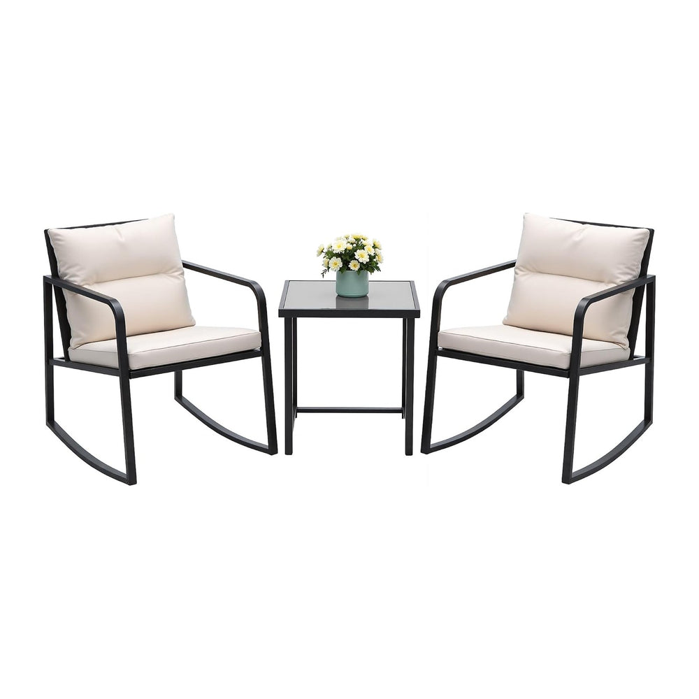 Devoko 3 Pieces Patio Furniture Set Wicker Outdoor Rocking Bistro Chair