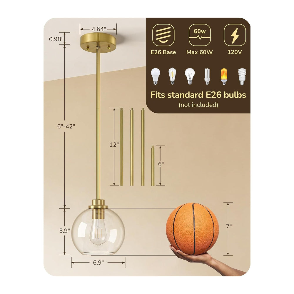 EDISHINE Pendant Light Fixtures 2 Pack with Clear Glass Globe Shade, Gold Kit...