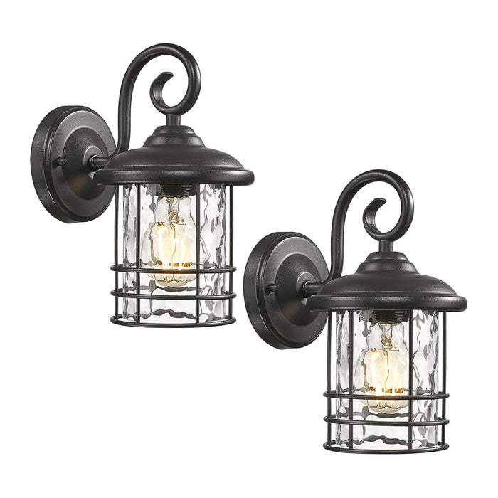 Emliviar 2 Pack Outdoor Wall Lighting Fixtures, 10" Exterior Carriage Lights with Water Ripple Glass, Die-Cast Aluminum in Black Finish, OS-1803CW1-WG