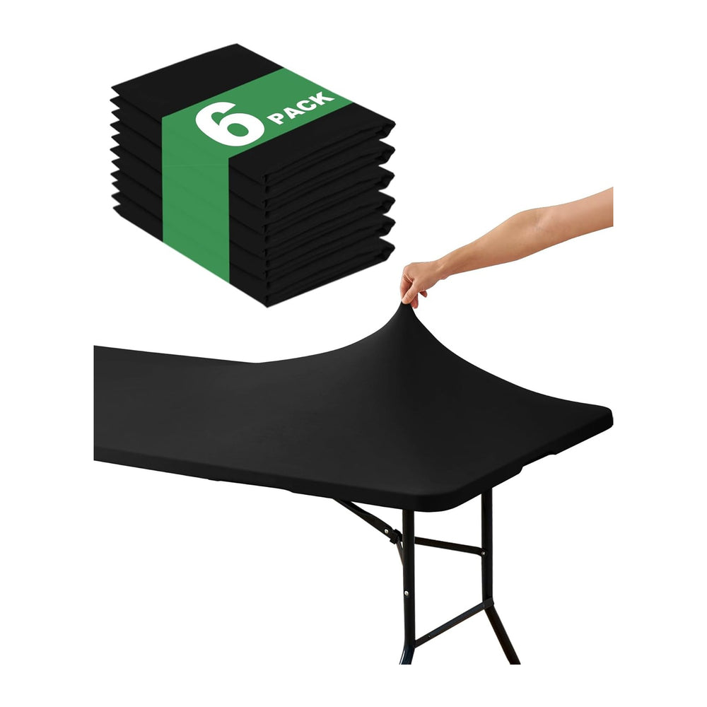 Fitted Tablecloth Rectangle Table Cloths with Elastic, 6 ft, Black, 6 Pack