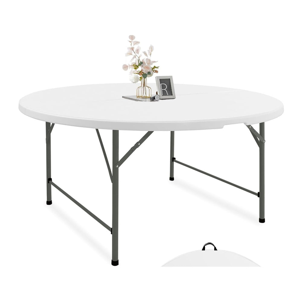 Fivenl Round Folding Tables White Foldable Table, Fold-in-Half with Carrying ...