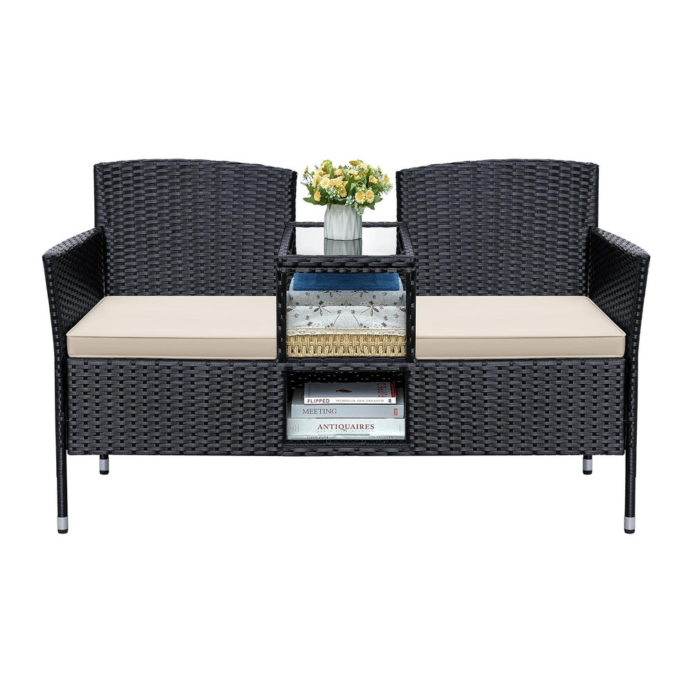 Greesum Patio Loveseat Outdoor Wicker Furniture Conversation Set,Beige