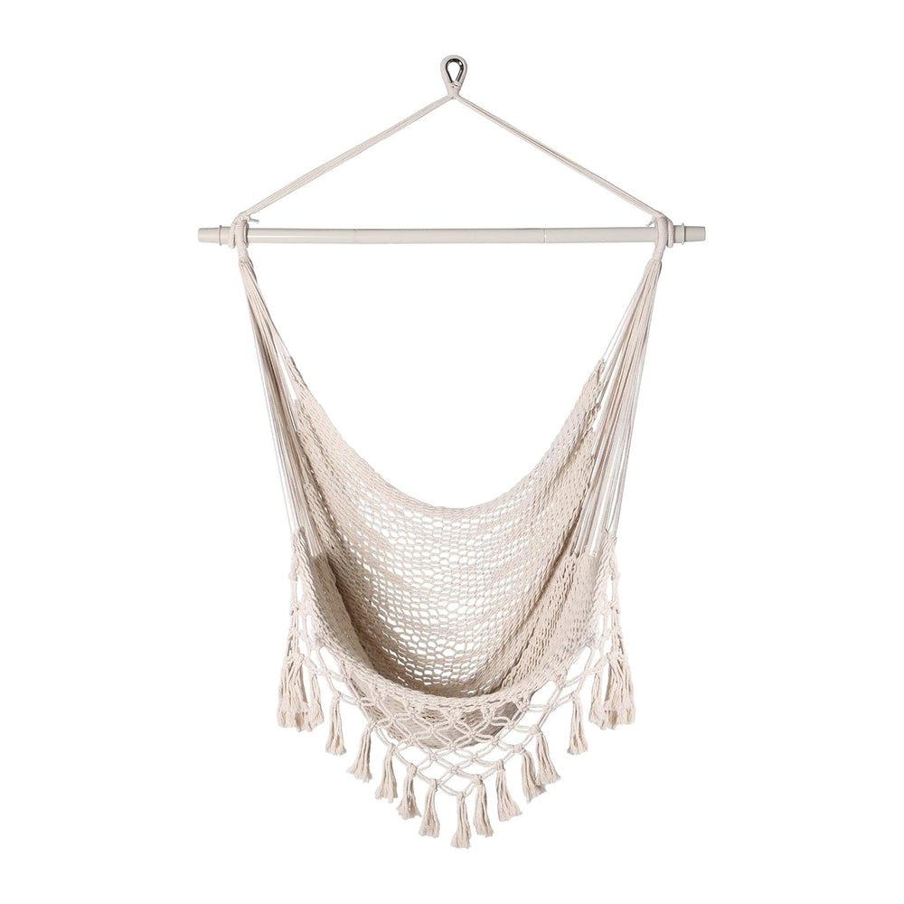 Handwoven Cotton Rope Hammock Chair with Metal Spreader Bar, Boho Hanging Cha...
