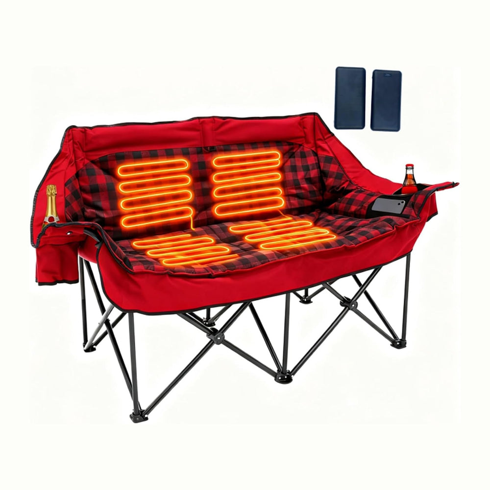 Heated Double Camping Chair with 2 Battery, Padded Camping Couch with 3 Heat ...