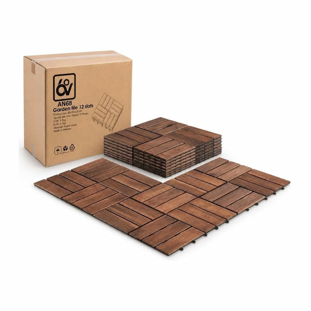 Interlocking Deck Tiles, 10 PCS 12" x 12" Acacia Wood, Dark Brown
