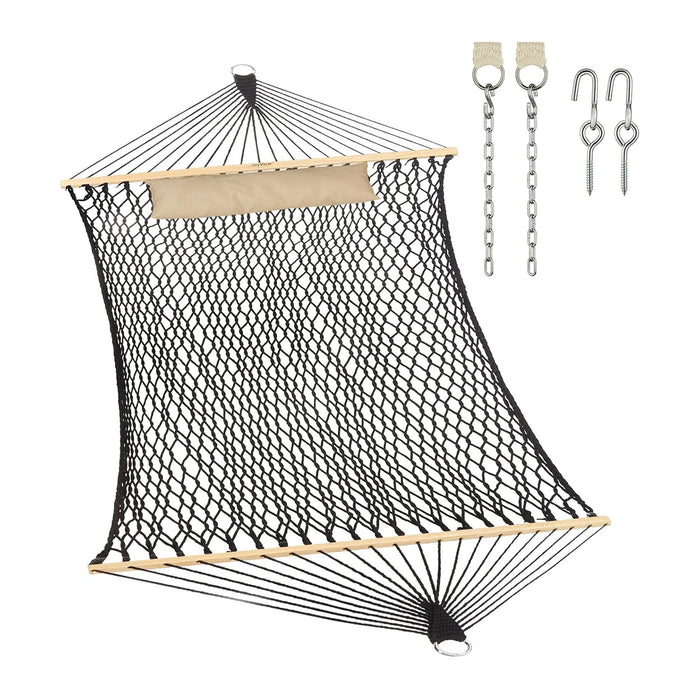 JoyView Traditional Rope Double Hammock - Hand Woven Cotton Hammock with Hardwood Spreader Bar and Pillow 450lb Capacity for Outdoor Indoor Patio Yard - Black