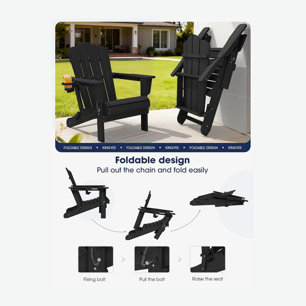 KINGYES Folding Adirondack Chair, All-Weather HDPE Material, Black, 8 Pack (4...