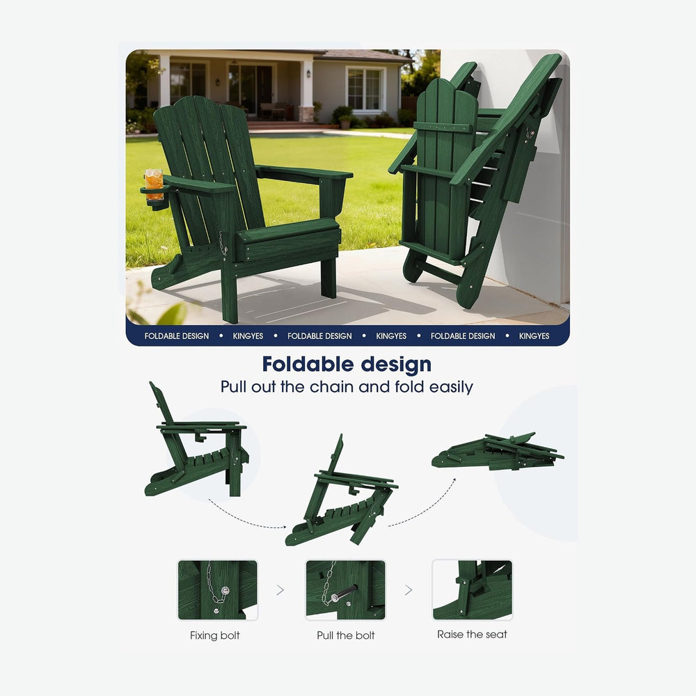 KINGYES Folding Adirondack Chair with Cup Holder, Green